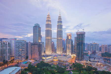 Kuala Lumpur, Malaysia - November 12, 2016: The golden sunset view of Petronas Twin Towers during blue hour in Kuala Lumpur.のeditorial素材