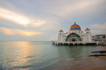Beautiful sunset over the floating Malacca Straits Mosque (Masjid Selat Melaka).の写真素材