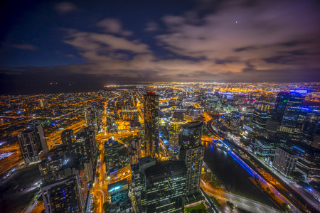 Aerial view of dramatic sunset at Melbourne city skylineの写真素材