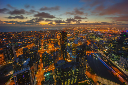 Aerial view of dramatic sunset at Melbourne city skylineの写真素材