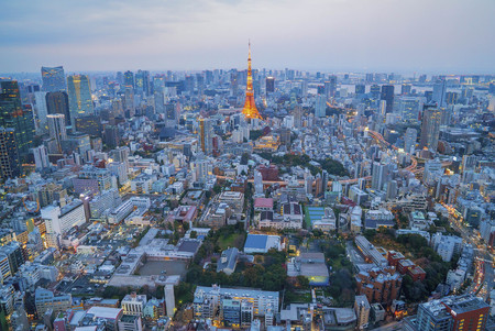 Tokyo Tower and urban city skyline at dusk sunset blue hour, view from high level buildingのeditorial素材