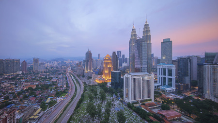 Aerial view of beautiful sunset blue hour at Kuala Lumpur city skylineのeditorial素材