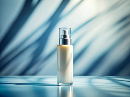 Cosmetic bottle on the blue background with shadows. 3d renderingの素材