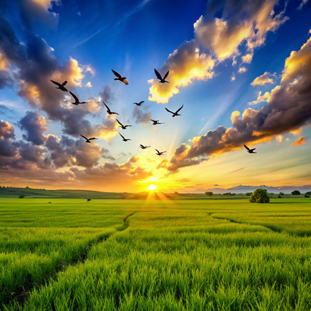 Flock of birds flying over green rice field at sunset. Beautiful nature landscape.の素材