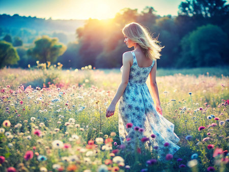 Beautiful young woman in the poppy field at sunset. Beauty, fashion.の素材