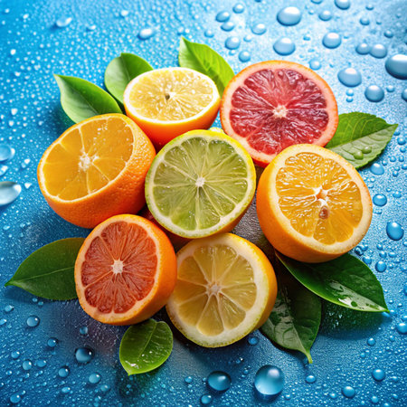 Citrus fruits with green leaves and water drops on blue backgroundの素材