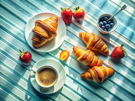 Breakfast with coffee and croissants on a blue wooden tableの素材