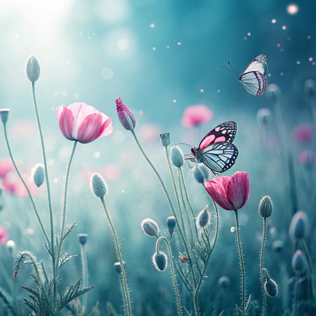 Beautiful poppy flowers with butterfly on meadow. Nature background.の素材