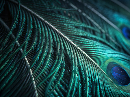 Beautiful peacock feathers close-up. Shallow depth of field.の素材