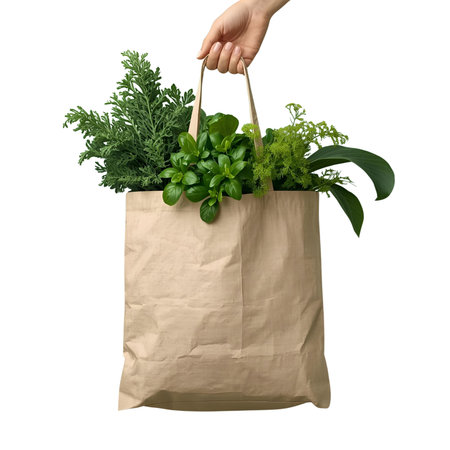Zero waste shopping concept. Hand holding paper bag with fresh herbs isolated on white backgroundの素材
