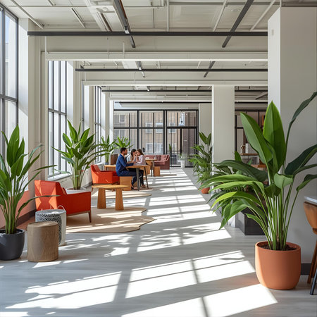 Interior of modern office with large windows, panoramic windows and plants.の素材