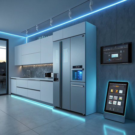 3D render of modern kitchen with blue and white walls and floorの素材