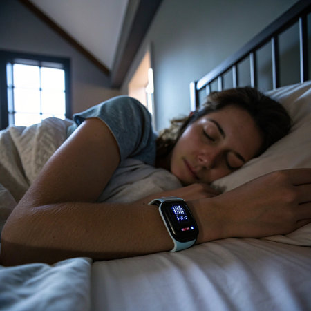 Young woman sleeping in bed with a smartwatch on her hand.の素材