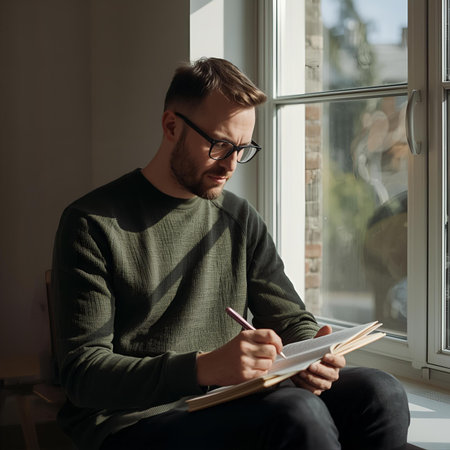 Handsome man in eyeglasses writing in notebook while sitting near window at homeの素材