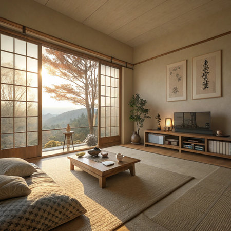 3d render of Japanese style living room interior design with window viewの素材