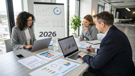 Group of business people discussing the charts and graphs showing the results of their successful teamworkの素材