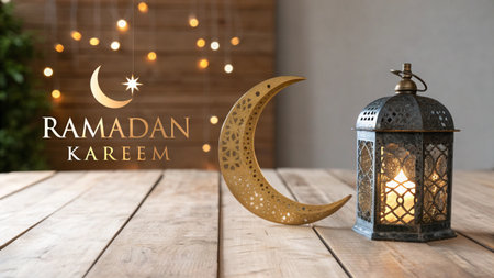 Ramadan Kareem greeting card with crescent moon and lantern on wooden tableの素材
