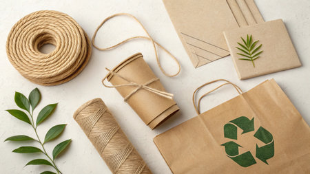 Zero waste concept. Recycling paper bags with eco friendly items.の素材
