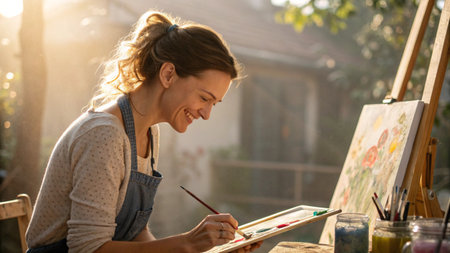 Female artist painting on canvas in her studio. Portrait of a beautiful young female artist painting outdoors.の素材