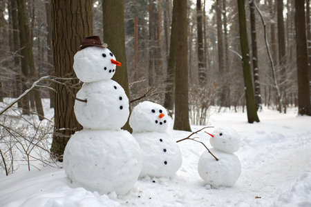 Snowman family in winter forest. Snowman family in winter forestの素材