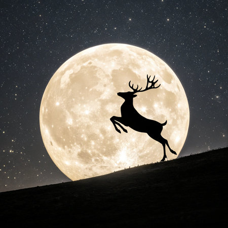 Silhouette of a reindeer on a full moon backgroundの素材