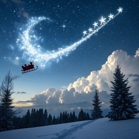 santa claus flying in the sky with his sleigh against a snowy landscapeの素材