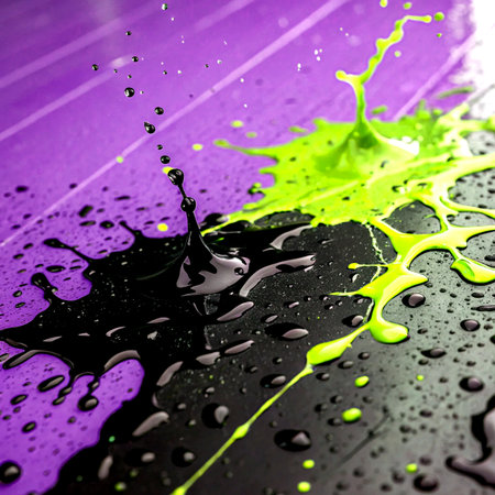 Colorful paint splashes and drops on black and purple background.の素材