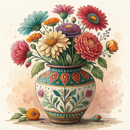 Vase with flowers. Watercolor painting. Hand drawn illustration.の素材