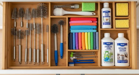 Bathroom accessories in a wooden drawer. Bathroom accessories.の素材