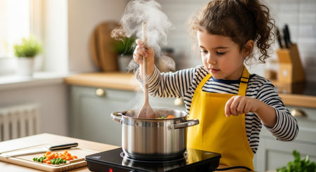 Cute little girl cooking soup in the kitchen. Selective focus.の素材