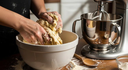 Close-up of female hands kneading dough in the kitchenの素材