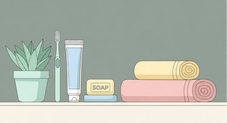 Illustration of a set of personal hygiene items on a shelf.の素材