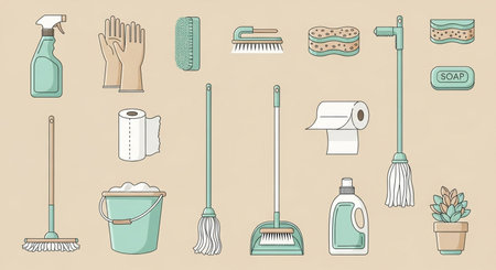 Cleaning and cleaning icons set. Vector illustration in flat style.の素材