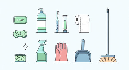 Set of cleaning and hygiene icons. Vector illustration in flat style.の素材