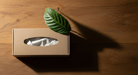 Carton box with green leaf on the wooden table. Top viewの素材