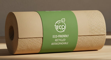 A roll of eco toilet paper on a wooden table. 3D renderingの素材