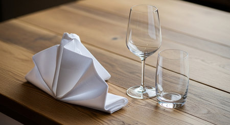Restaurant table setting with napkin and glasses on wooden tableの素材