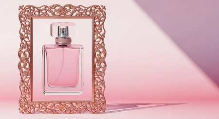 Perfume bottle in a mirror on pink background. 3d renderingの素材