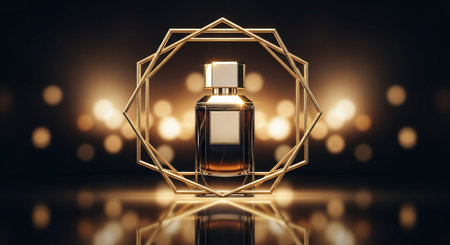 Perfume bottle in golden hexagon frame. 3D renderingの素材