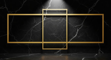 Golden frame on black marble wall with spotlights. 3D renderingの素材