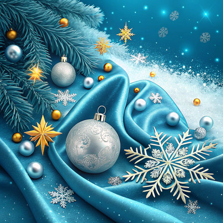 Christmas background with blue satin and snowflakes. Vector illustration.の素材