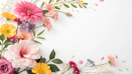 Flowers composition. Frame made of flowers on white background. Flat lay, top view, copy spaceの素材