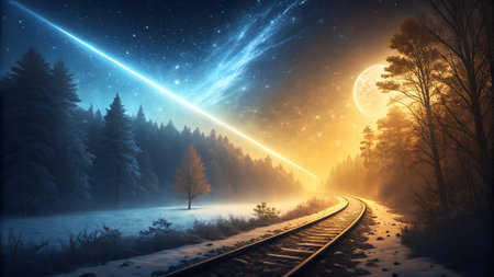 Fantasy landscape with railway track in the forest at night. 3D renderingの素材
