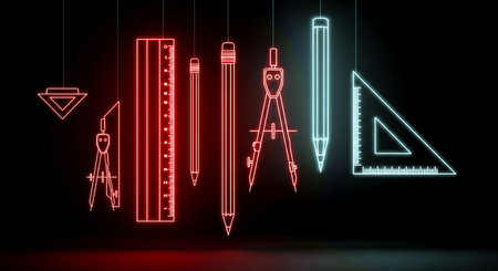 3D rendering of set of drawing tools in neon style on dark backgroundの素材