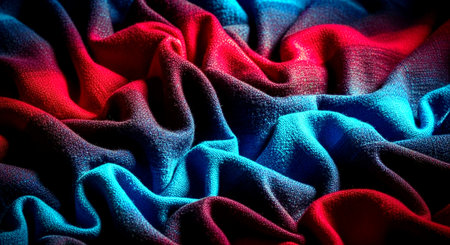 Texture, background, pattern, silk fabric of red and blue color. This is a heavy, crumpled fabric that usually has a glossy surface and a dull back.の素材