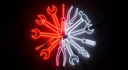Repair tools neon sign on black background. 3D Renderingの素材