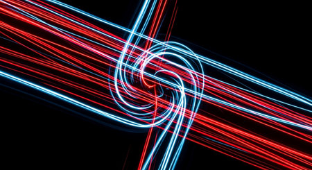 Abstract blue and red neon lines on black background. 3d renderingの素材