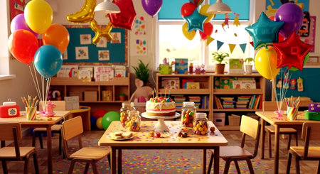 Kindergarten children's room with colorful balloons and sweets.の素材