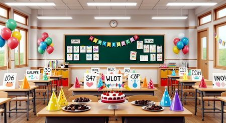 3d rendering of a school classroom with birthday cake, balloons and decorationsの素材