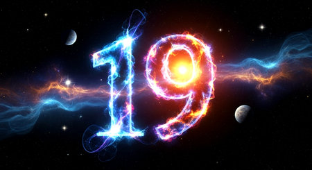 Number 19 in space with planets, stars and nebula. 3D renderingの素材